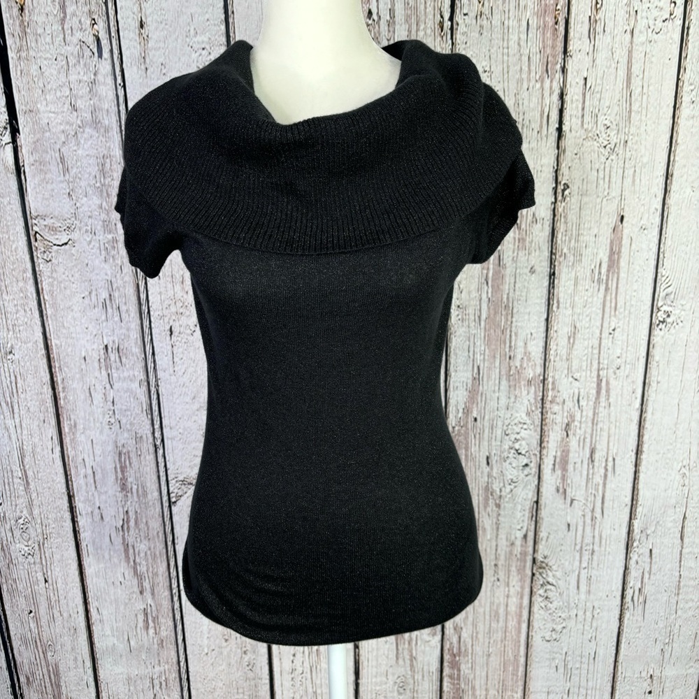 Express Y2K Black Short Sleeve Sweater Cowl Neck Silver Shimmer Medium Pullover